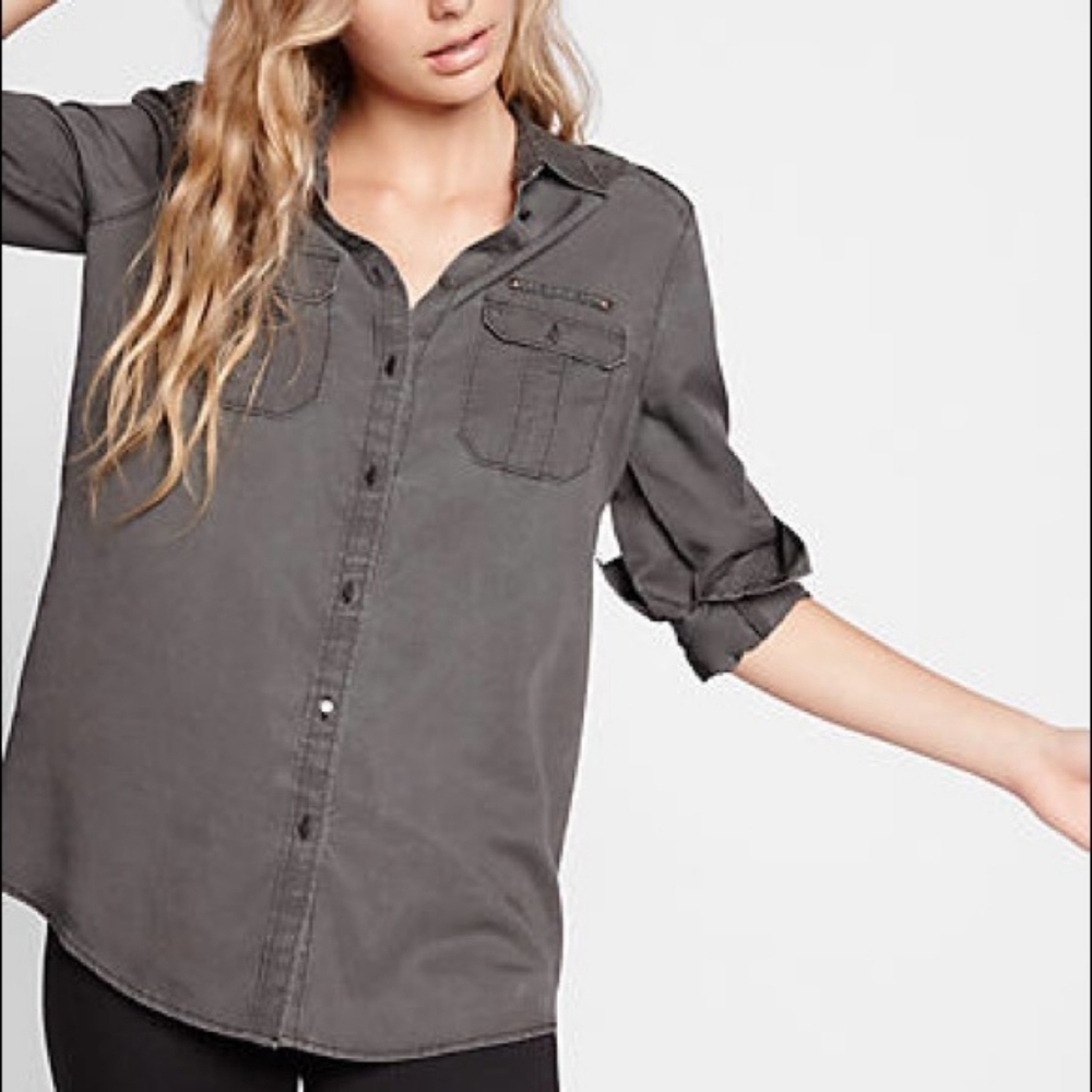New Express Military Boyfriend Fit Button Up Top